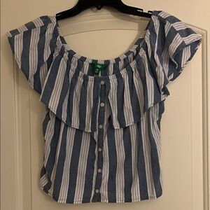 dip Blue and White Striped Ruffle Blouse